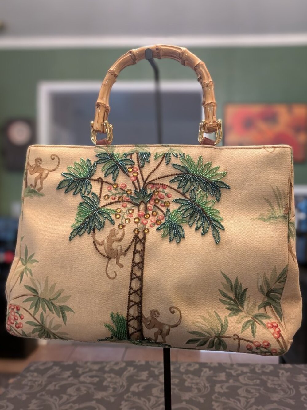 Isabella Fiore Vintage Monkey Beaded/Canvas/Leather Handbag Bamboo Handles